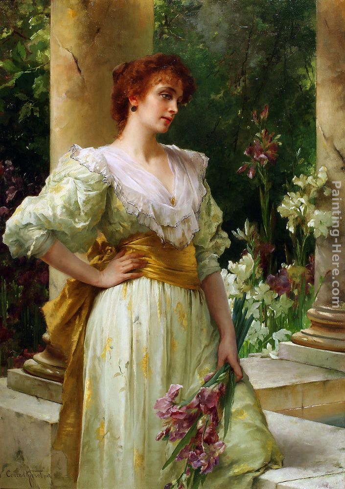 Woman in White Holding Irises painting - Conrad Kiesel Woman in White Holding Irises art painting